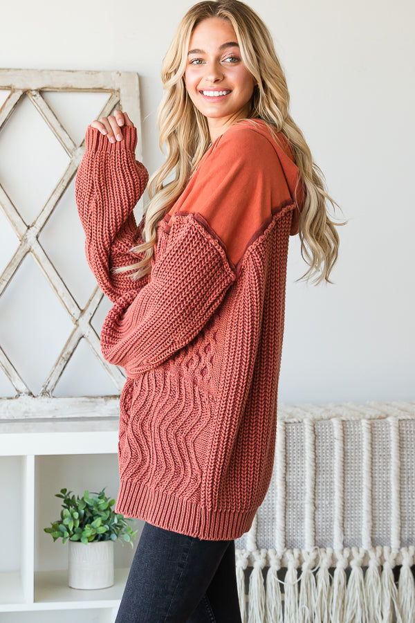 WASHED CONTRAST YOKE HOODED PULLOVER SWEATER TOP