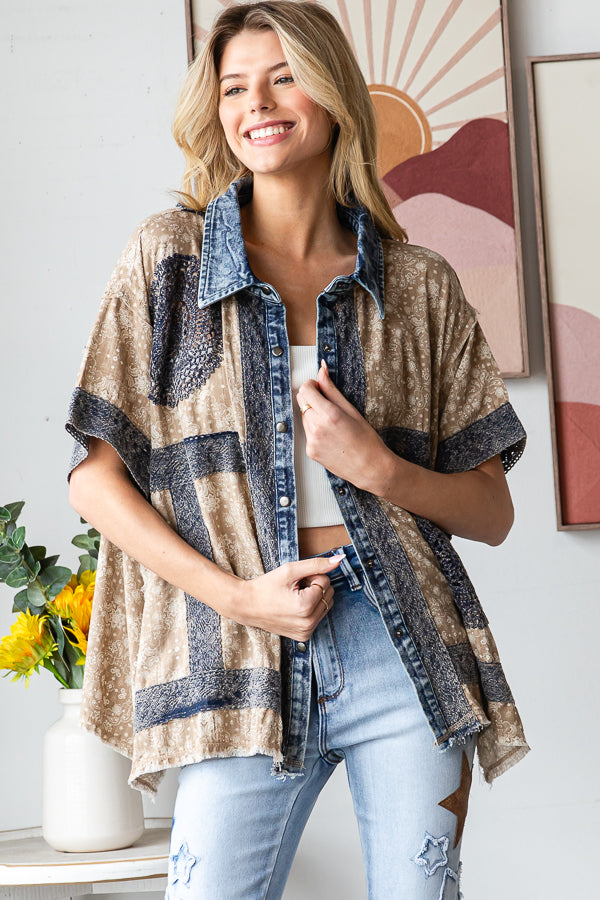 WASHED CROCHET PATCHWORK BUTTON DOWN SHIRT
