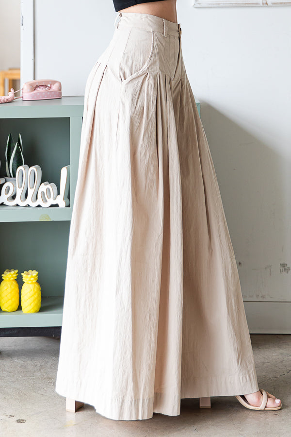 WASHED COTTON PLEATED WIDE LEG PANTS