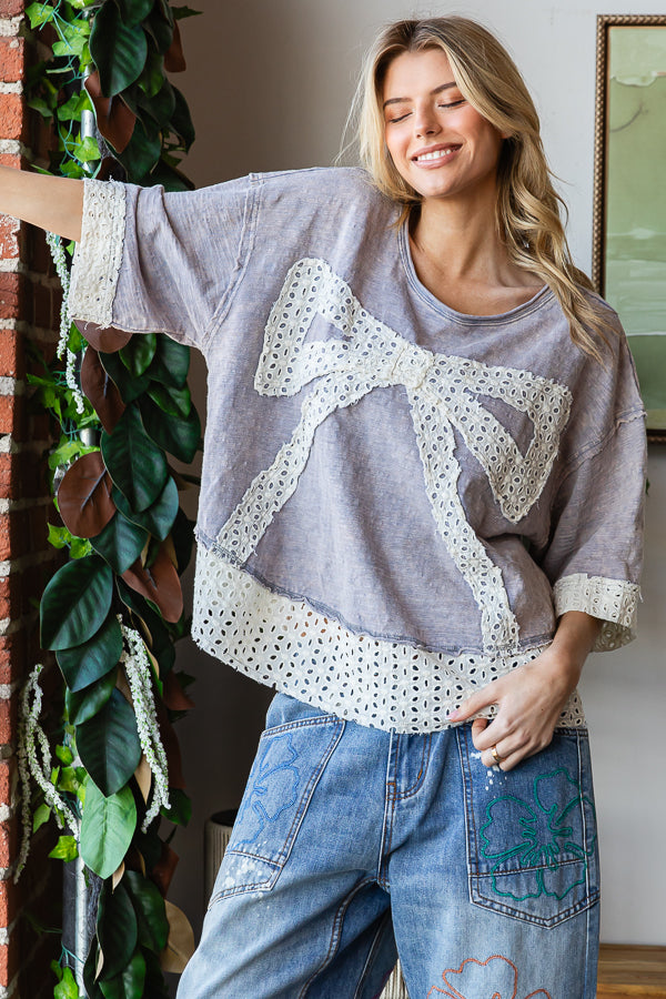 WASHED RIBBON PATCHWORK SHORT SLEEVE OVERSIZED TOP