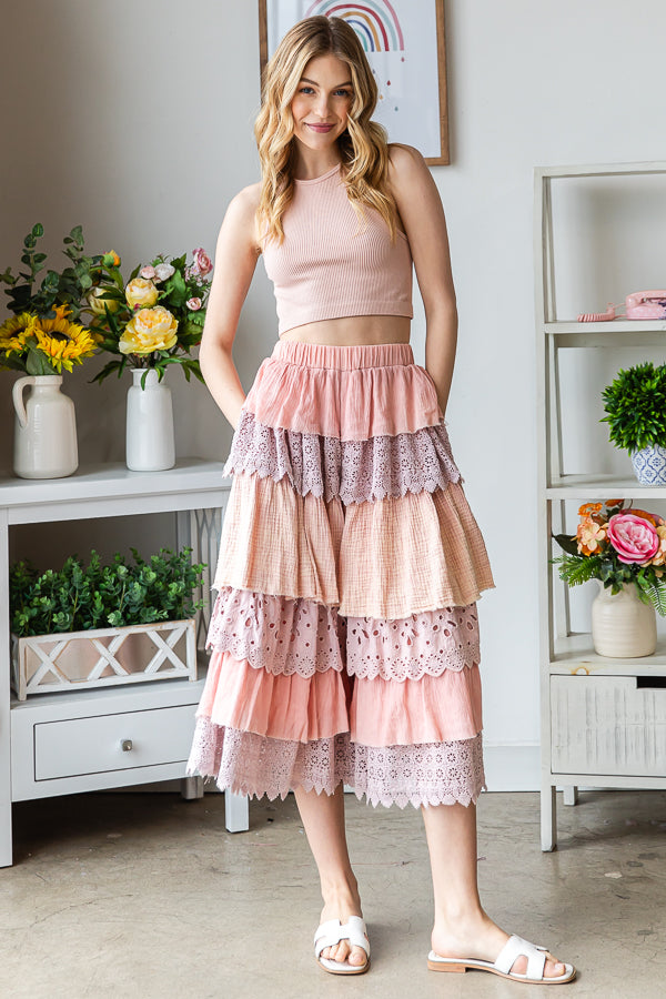 WASHED MIX MEDIA TIERED WIDE LEG CROPPED PANTS