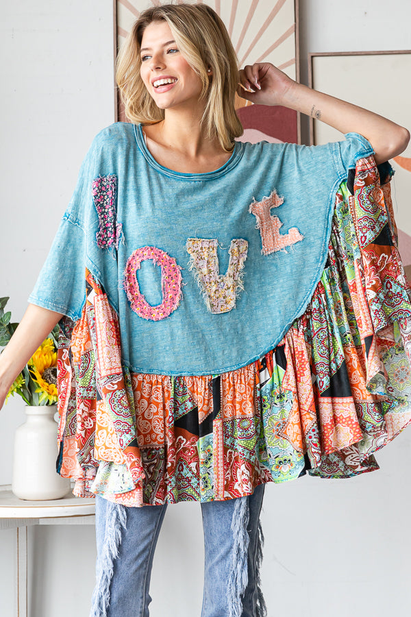 WASHED ROUND NECK LOVE PATCHWORK RUFFLE HEM TOP