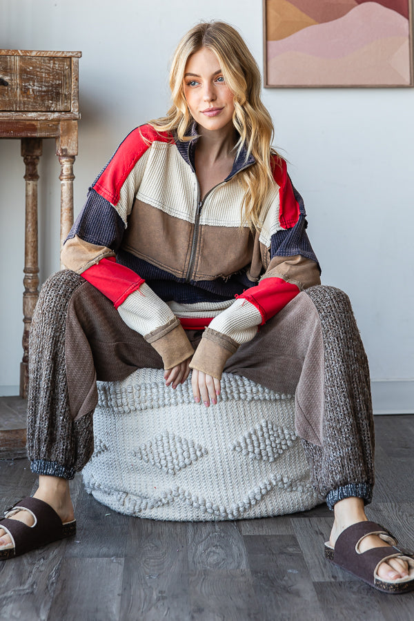 WASHED COLORBLOCK HALF ZIP PULLOVER TOP