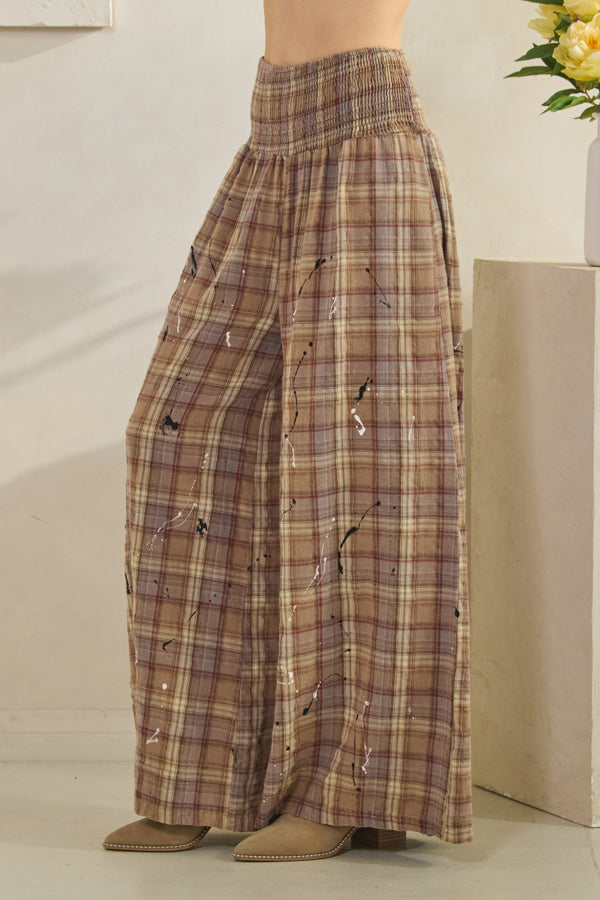 WASHED PLAID SMOCKED WAIST WIDE LEG PANTS