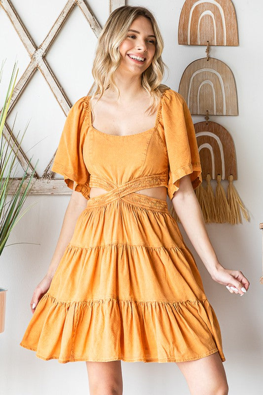 WASHED CROSS CUTOUT TIERED MINI DRESS