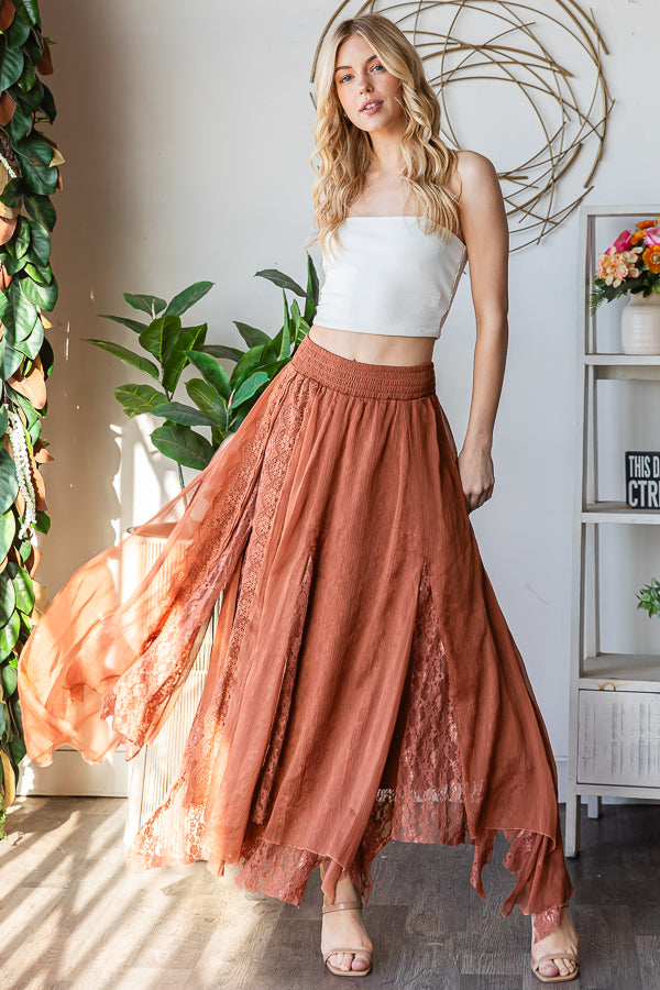CHIFFON LACE MIXED OVERLAY A-LINE MIDI SKIRT