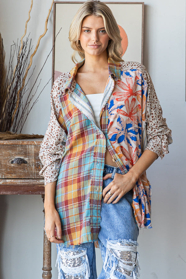 WASHED PRINT MIXED BUTTON DOWN SHIRT