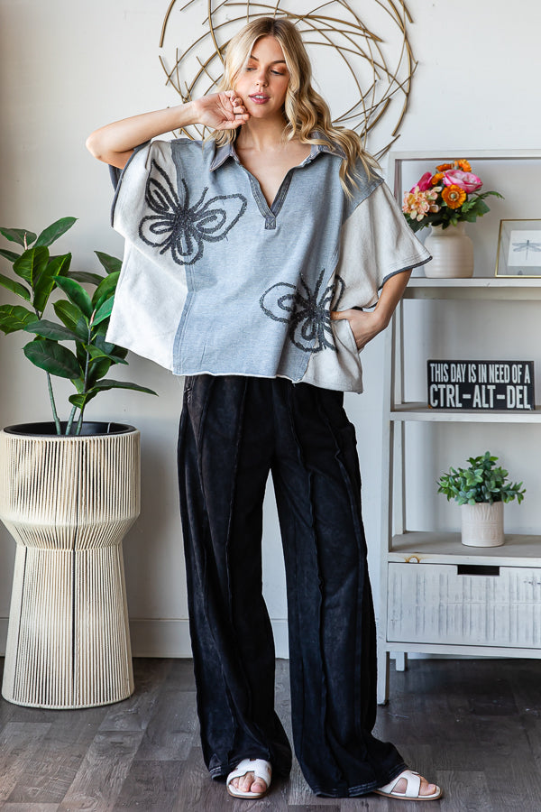 WASHED BUTTERFLY PATCHWORK HENLEY NECK KNIT TOP