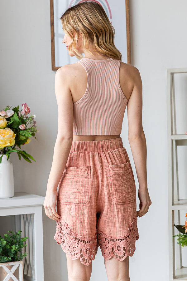 MINERAL WASHED LACE TRIMMED RELAXED LONG SHORTS