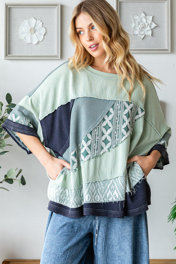 WASHED FABRIC MIXED SHORT SLEEVE TOP