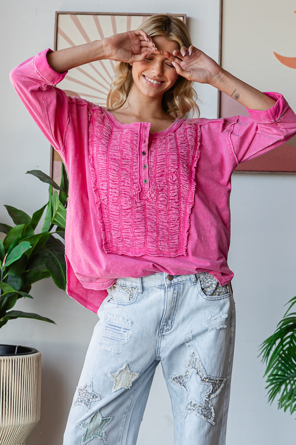 SMOCKED FRONT HENLEY NECK OVERSIZED TOP