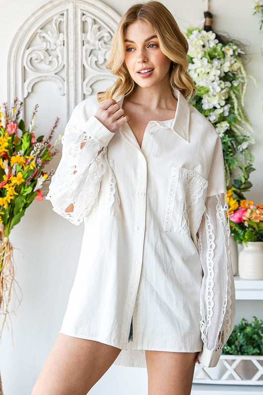 MINERAL WASHED EMBROIDERY ORGANZA SLEEVE SHIRTS