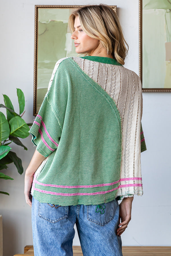 WASHED COLORBLOCK SWEATER KNIT DROP SHOULDER TOP