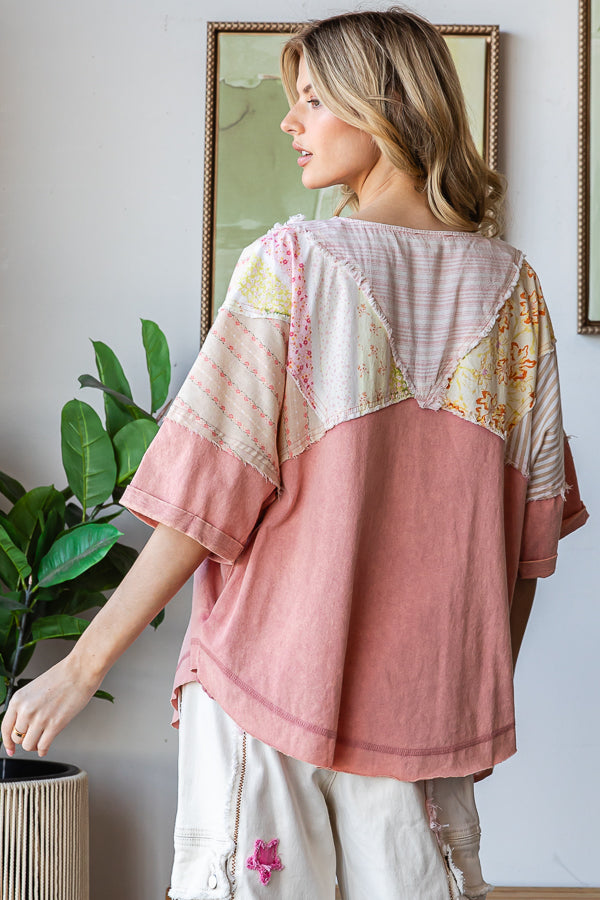 WASHED PRINTED HALF PLACKET HENLEY NECK SHIRT