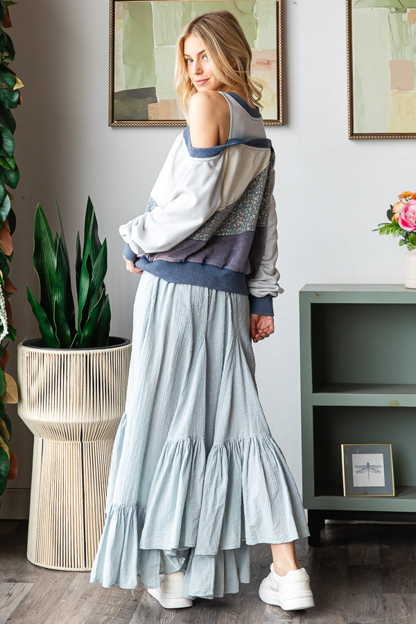 WASHED WIDE LEG RUFFLED HEM PANTS