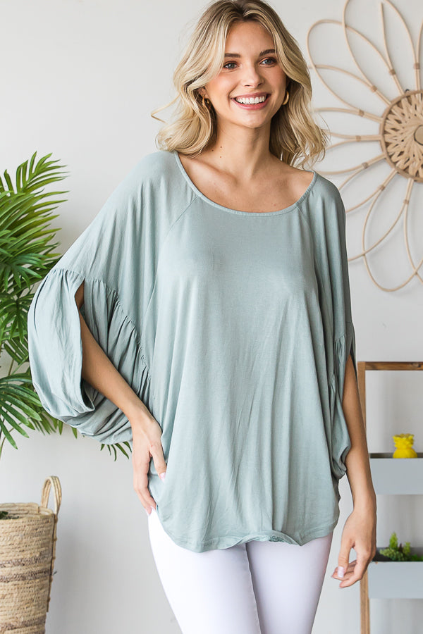 ROUND NECK PLEATED DETAIL SLEEVE OVERSIZED TEE