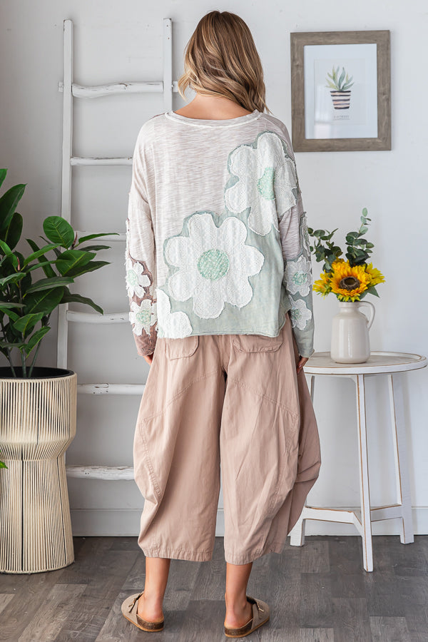 WASHED EYELET PATCHWORK LONG SLEEVE KNIT TOP