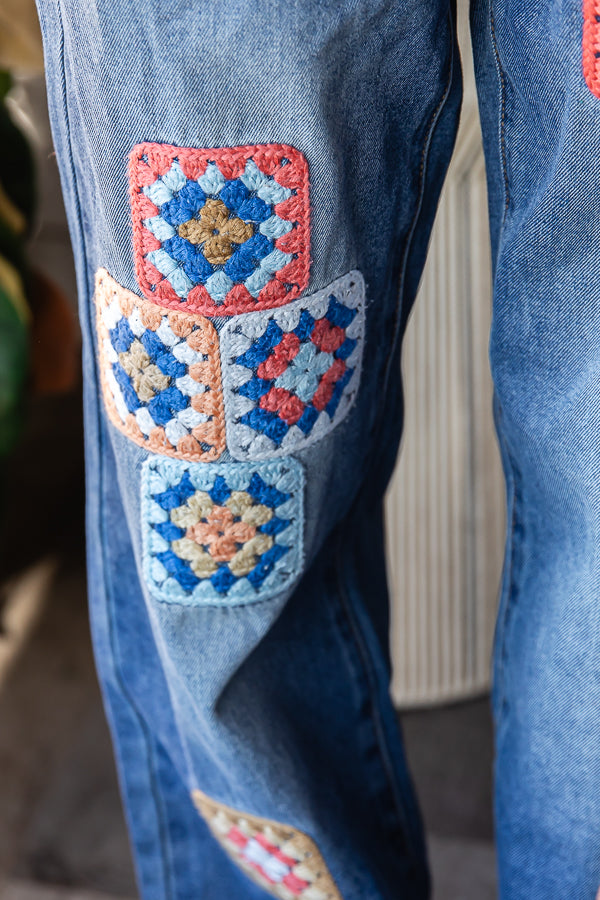 WASHED SQUARE CROCHET PATCHWORK DENIM JEANS
