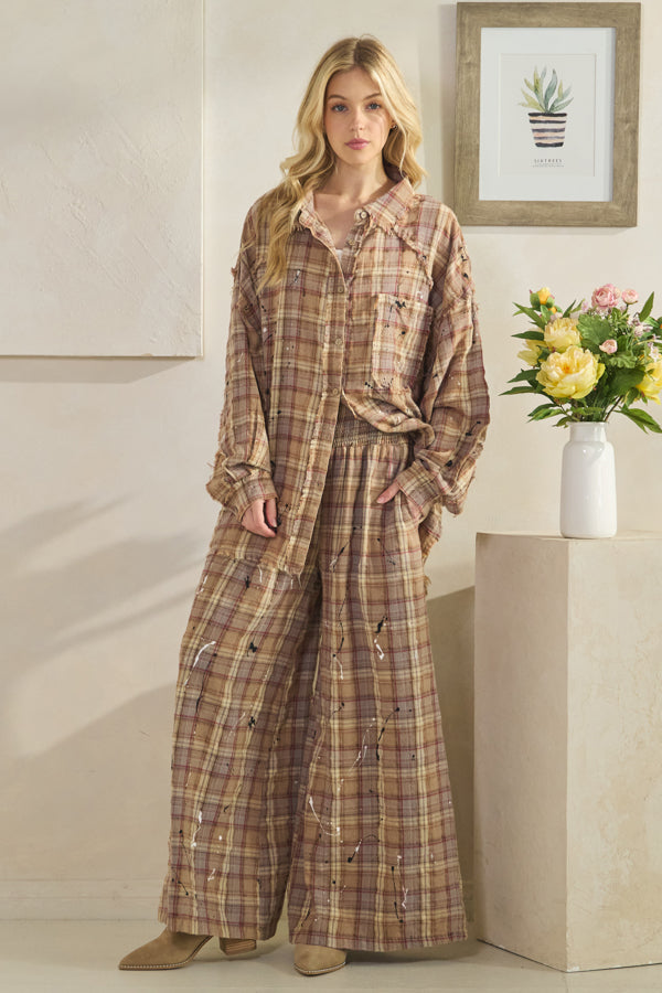 WASHED PLAID SMOCKED WAIST WIDE LEG PANTS