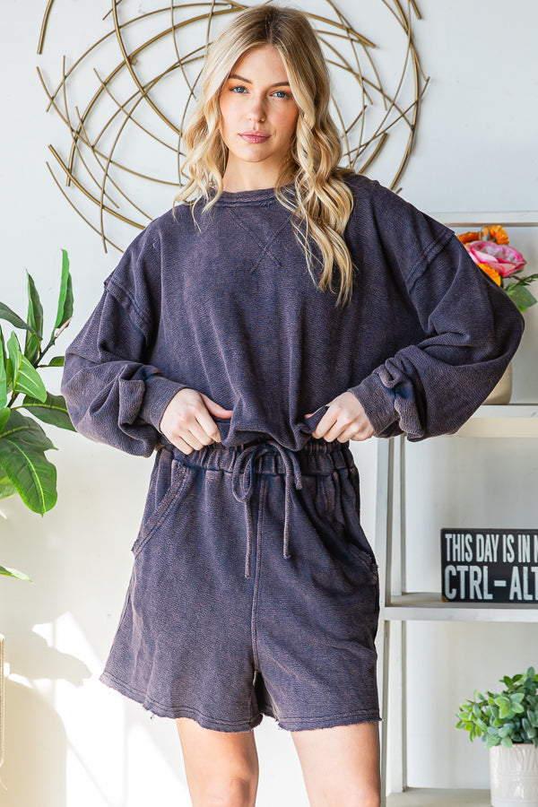 WASHED SCOOP BACK LONG SLEEVE ROMPER