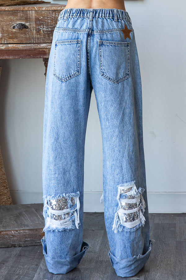 WASHED DISTRESSED SEQUENCE DENIM JEANS