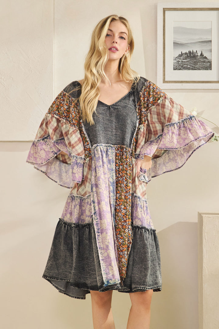 WASHED MIX PRINTED TIERED RUFFLE TUNIC TOP