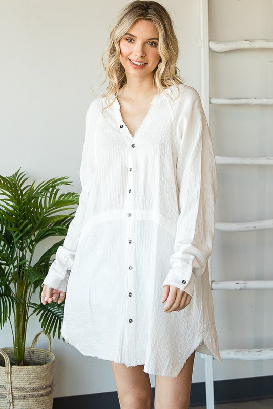WASHED V NECK BUTTON DOWN FRONT GAUZE SHIRT