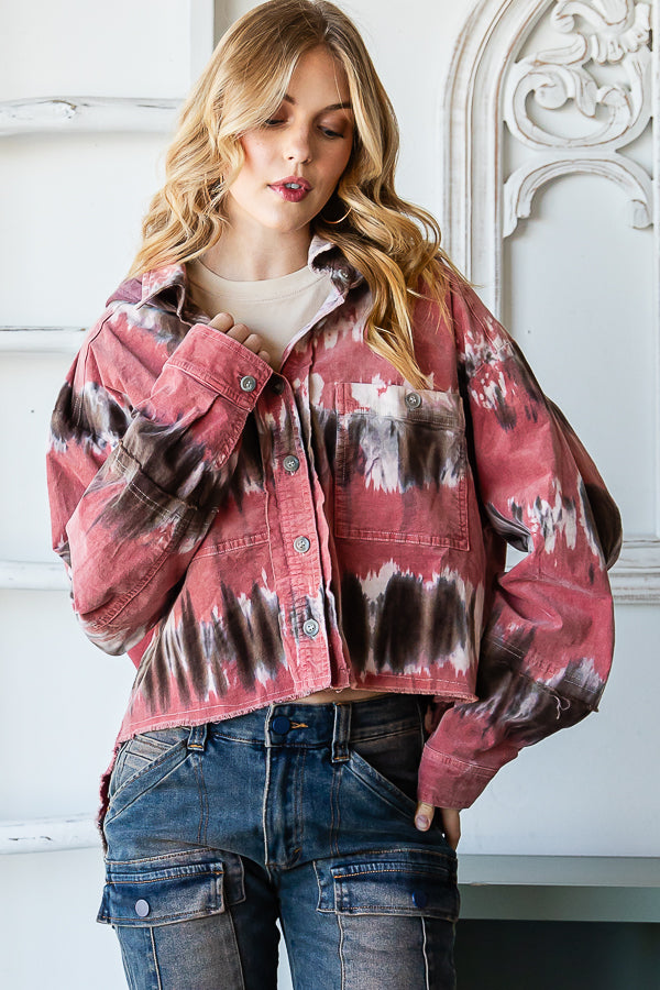 TIE DYE HI-LOW HEM HOODED CORDUROY SHACKET