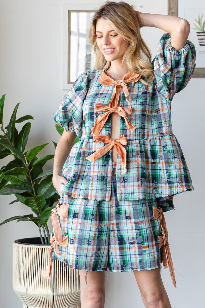 WASHED PLAID RIBBON TOP SHORT TWO PIECE SET