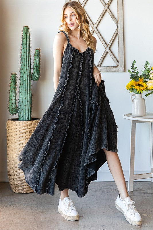 WASHED RUFFLE SEAM DETAIL TANK MIDI DRESS