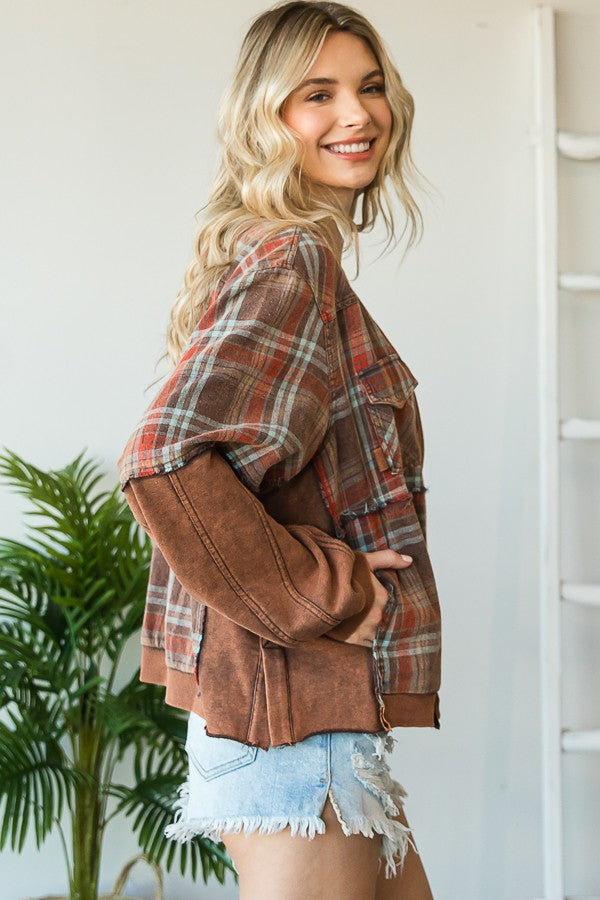 WASHED MIXED MEDIA PLAID ZIP FRONT JACKET