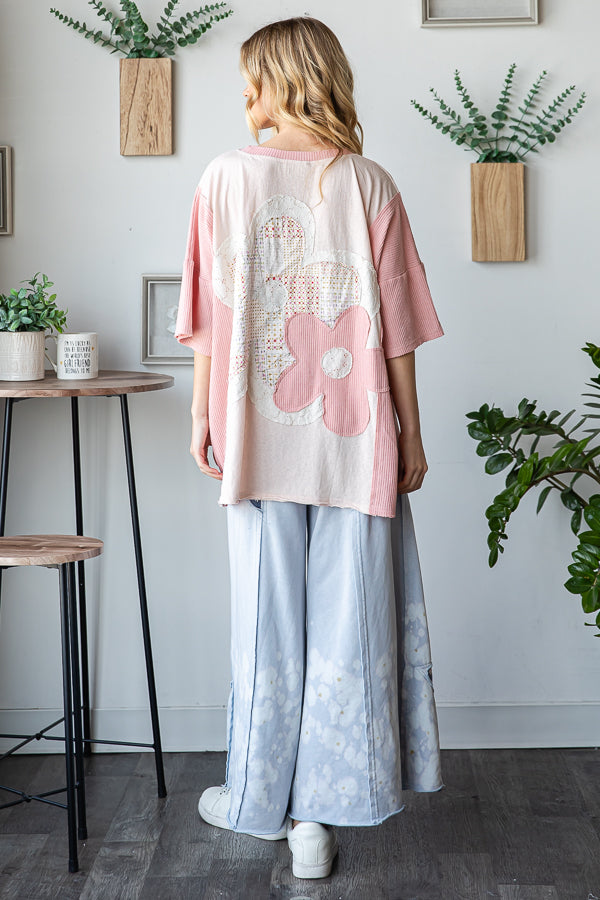 WASHED FLOWER PATCHWORK SHORT SLEEVE TOP