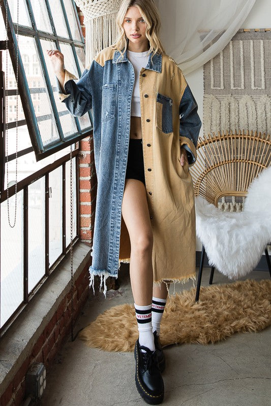 WASHED COLORBLOCK DETAIL DENIM LONG JACKET