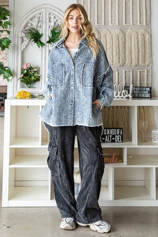 MINERAL WASHED FRONT POCKETS TEXTURE DENIM SHACKET