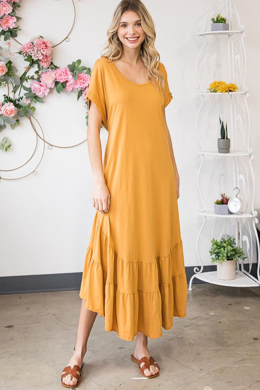 WASHED RUFFLE TIERED HEM SHORT SLEEVE MIDI DRESS