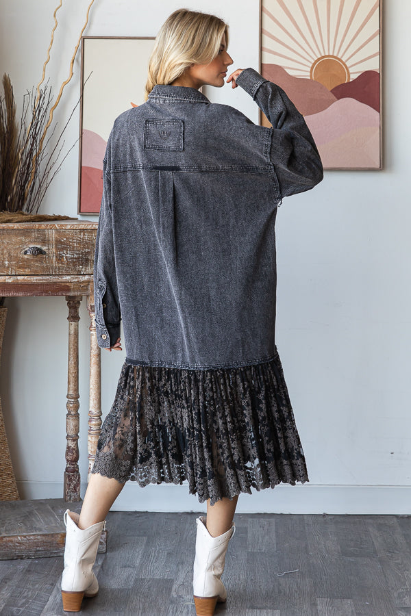 WASHED FLARE RUFFLE LACE HEM MIDI SHIRT DRESS