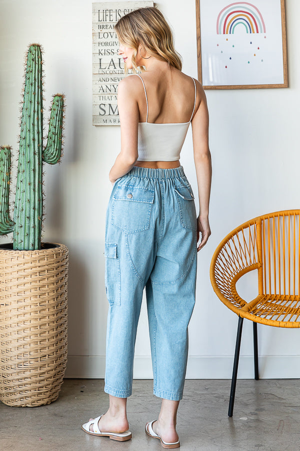 WASHED POCKETS HIGH WAIST CARGO PANTS