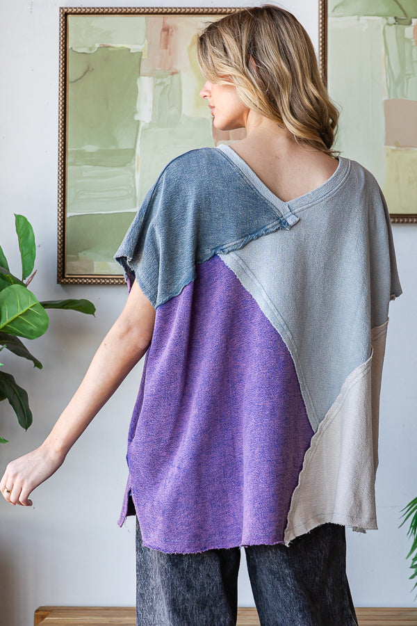 WASHED COLORBLOCK WIDE V NECK SHORT SLEEVE TOP