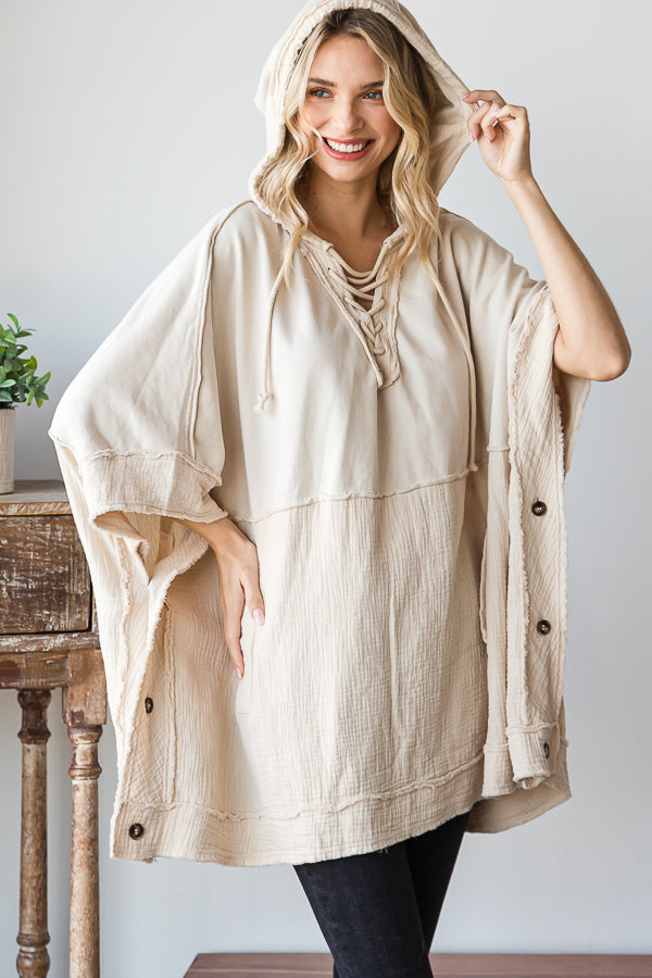 WASHED HOODED BUTTON DETAIL PULLOVER PONCHO