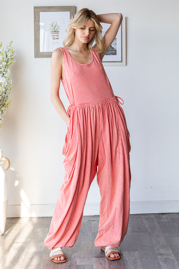 WASHED WIDE LEG DRAWSTRING DETAIL JUMPSUIT