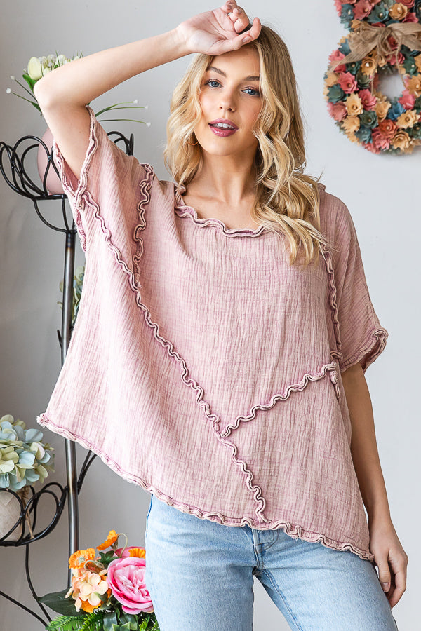 WASHED DOUBLE GUAZE RUFFLED DETAIL OVERSIZED TEE
