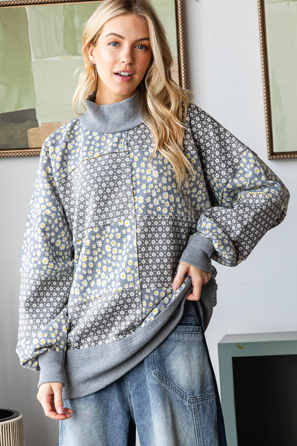 FLORAL PATTERNED FUNNEL NECK LONG SLEEVE SWEATER