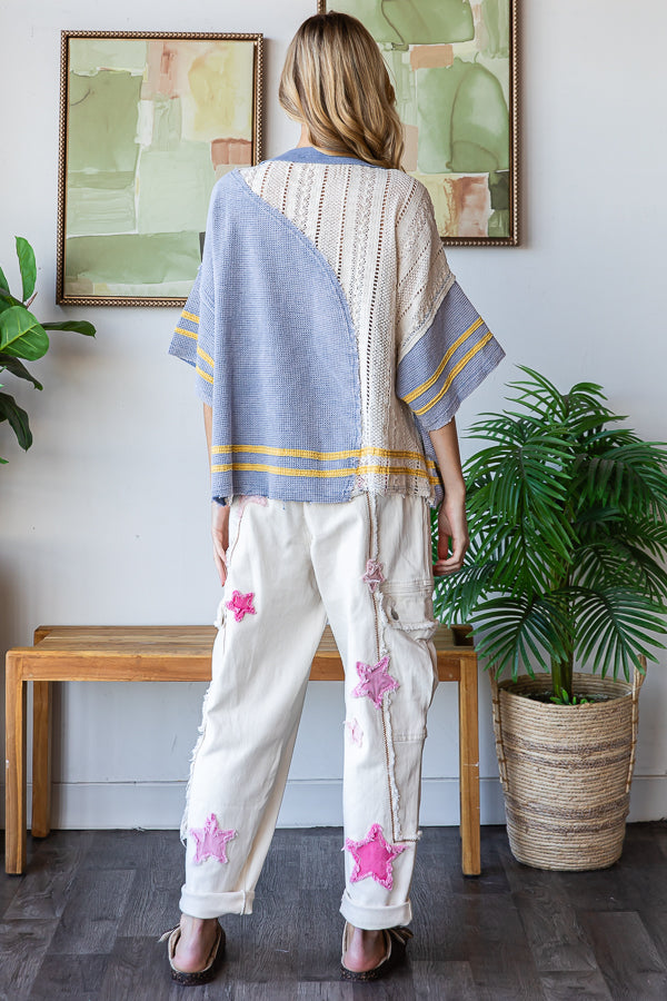 WASHED COLORBLOCK SWEATER KNIT DROP SHOULDER TOP