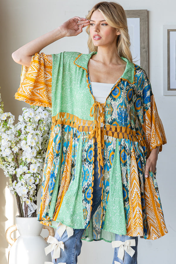 PRINTED MIX KIMONO MINI DRESS