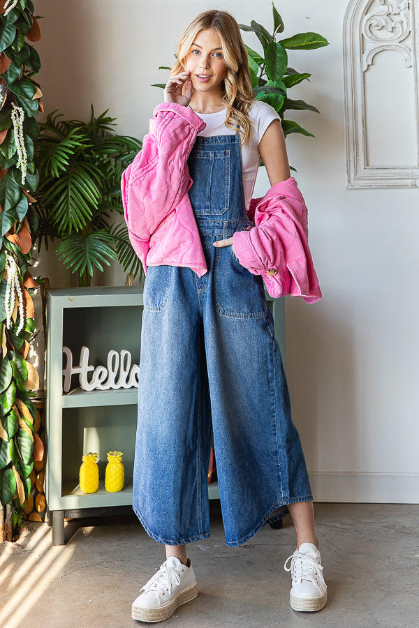 WASHED FRONT POCKET SLEEVELESS DENIM JUMPSUIT