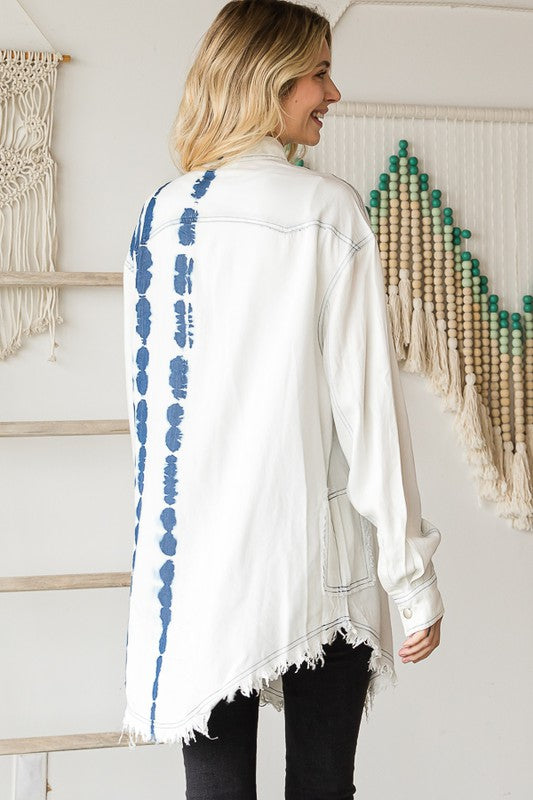 WASHED RAW HEM LONG SLEEVE BUTTON FRONT SHACKET