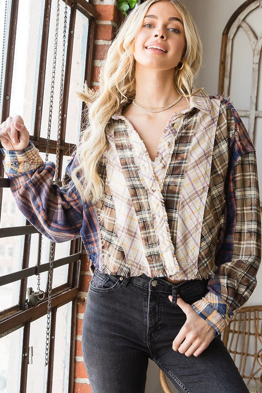 MIXED PLAID COLLAR NECK LONG SLEEVE CROPPED SHIRT