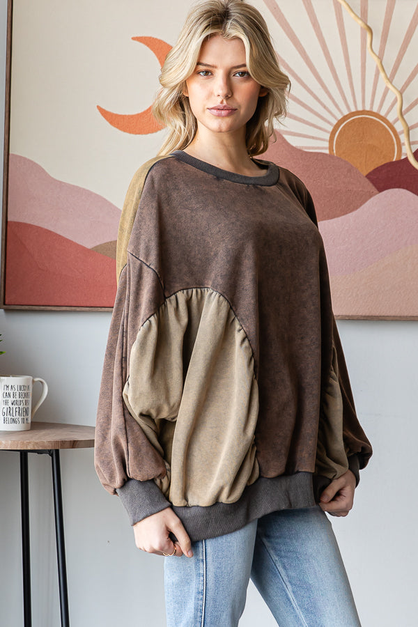 WASHED COLORBLOCK CINCHED DETAIL PULLOVER TOP