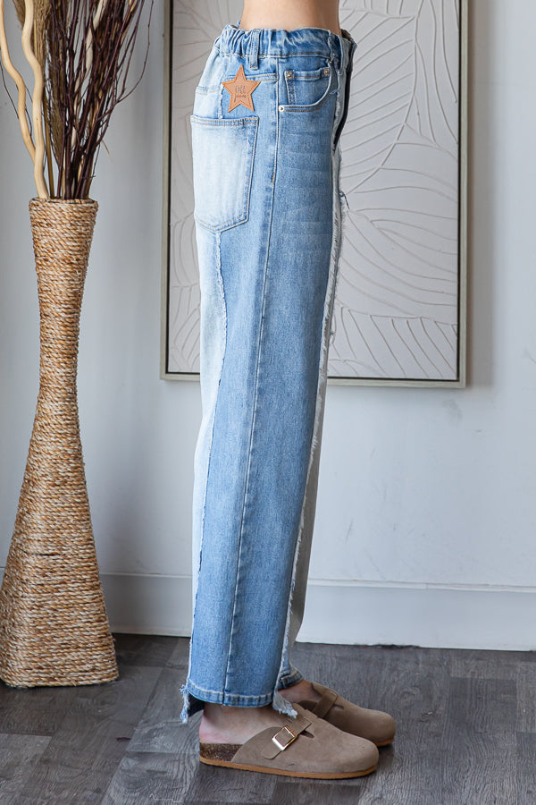 FRAYED TRIM HIGH WAIST VINTAGE DENIM JEANS