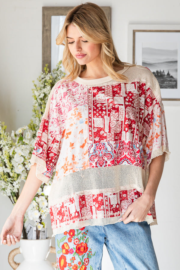 MIXED PRINT MESH CONTRAST RELAXED TOP